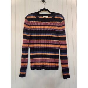 Women Multicolor Stripes Geometric Knit Sweater Top Size 2XL Slim Stretchy Y2K